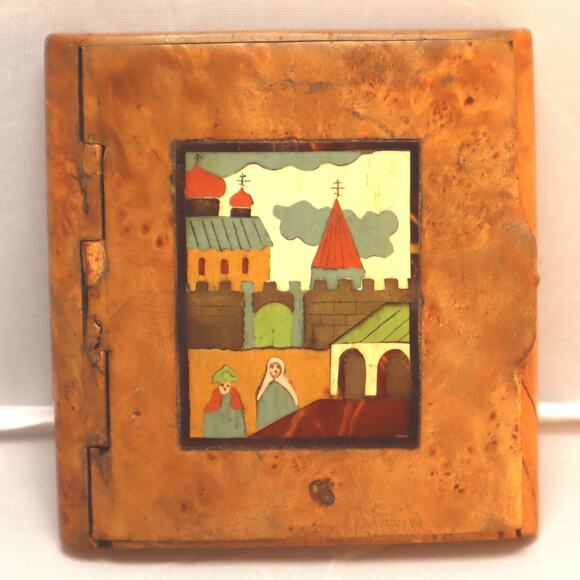 Russian Imperial Era Burl Cigarette Box Inlaid Babushka Scene Lid